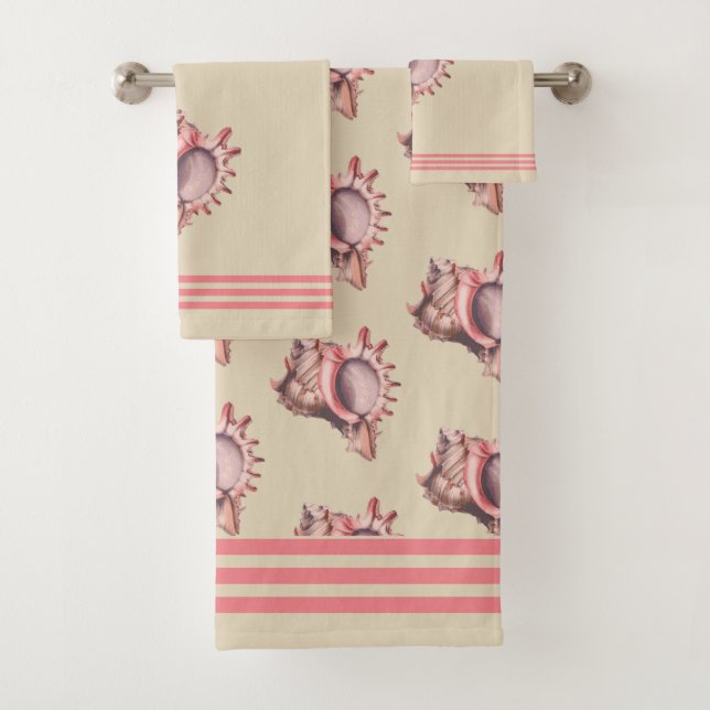 Beachy Coral Pink Stripes & Conch Shells Bath Towel Set (Insitu)