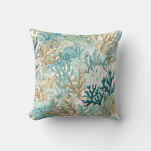 Beachy Coral Reef Teal Green Blue Watercolors Cushion
