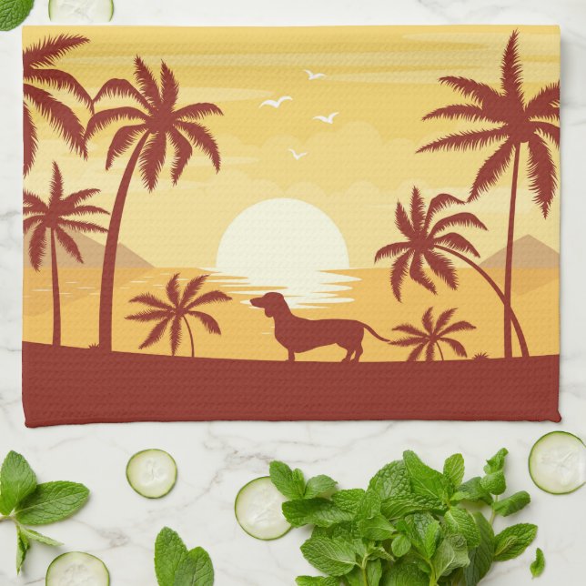 Beachy Dachshund Sunset Towel Swaying Palm Trees (Folded)
