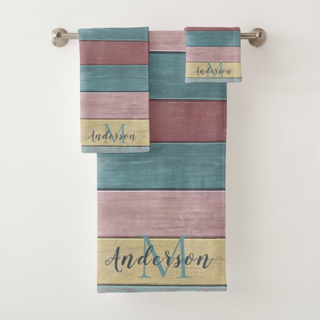 Beachy Nautical Rustic Wood muted coloured stripes Bath Towel Set (Insitu)