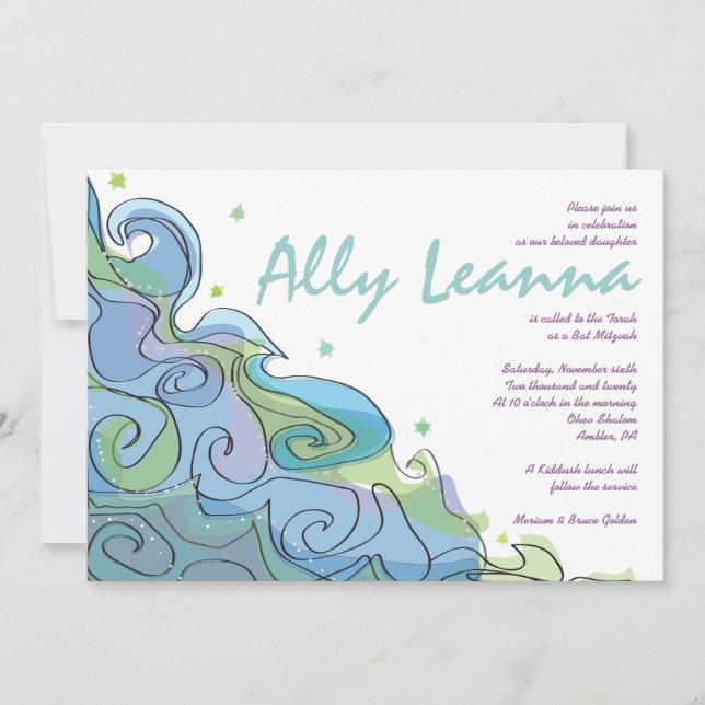 BEACHY Ocean Wave Bar Bat Mitzvah Invitation (Front)