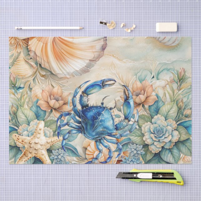 Beachy Pastel  Blue Crab & Shells Decoupage  Tissue Paper (Craft)