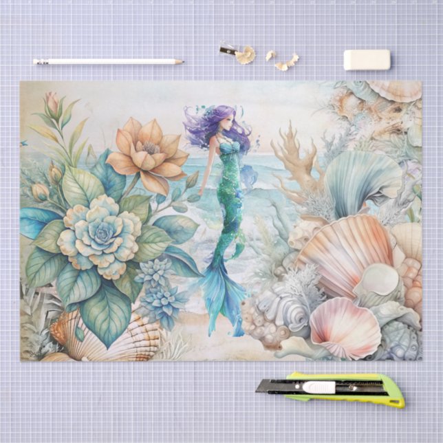 Beachy Pastel  Floral Mermaid & Shells Decoupage  Tissue Paper (Craft)