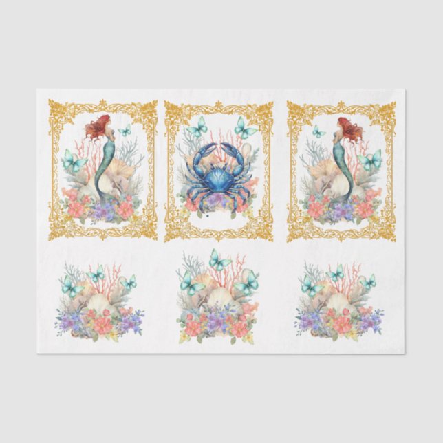 Beachy Pastel  Floral Mermaid & Shells Decoupage Tissue Paper (Front)