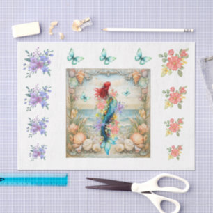Beachy Pastel  Floral Mermaid & Shells Decoupage  Tissue Paper