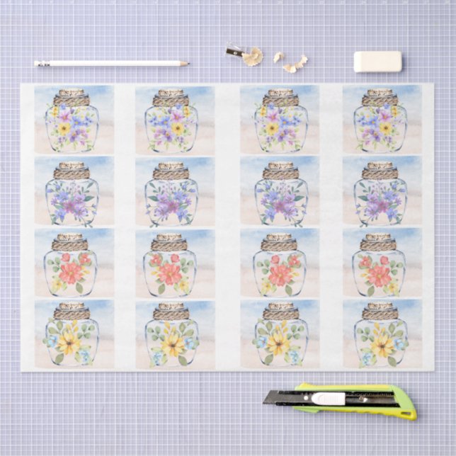 Beachy Pastel Watercolor Florals & Jar  Decoupage  Tissue Paper (Craft)
