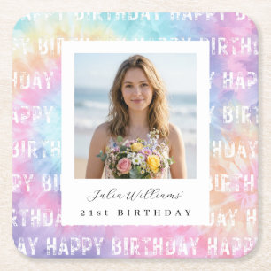 Beachy Rainbow 21st Birthday Photo Paper  Square Paper Coaster