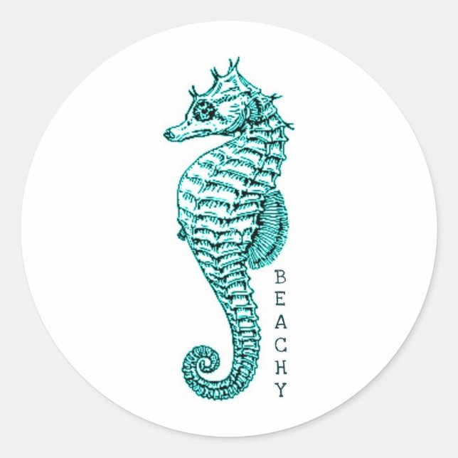 BEACHY SEAHORSE PRINT IN TEAL CLASSIC ROUND STICKER (Front)