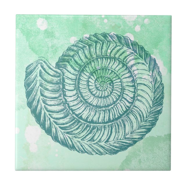 Beachy Spiral Seashell Blue Watercolor Tile (Front)