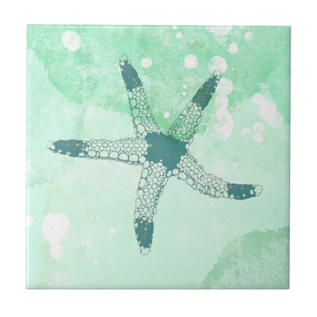 Beachy Starfish Blue Watercolor Tile (Front)