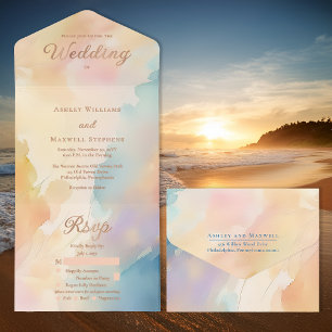 Beachy Sunset Gradient Rose Gold Foil Wedding All In One Invitation