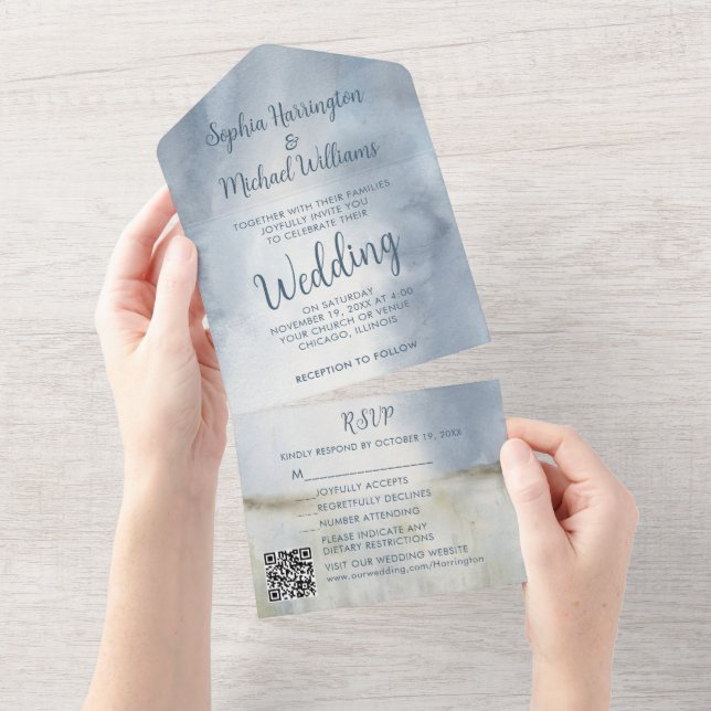 Beachy Watercolor All in One Wedding Invite Beach (Tearaway)
