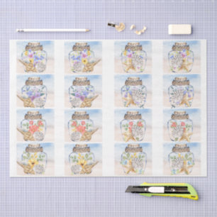 Beachy Watercolor Florals & Seashells Decoupage  Tissue Paper