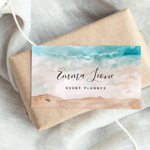 Beachy Watercolor Sea Blue, Cream and Brown Business Card