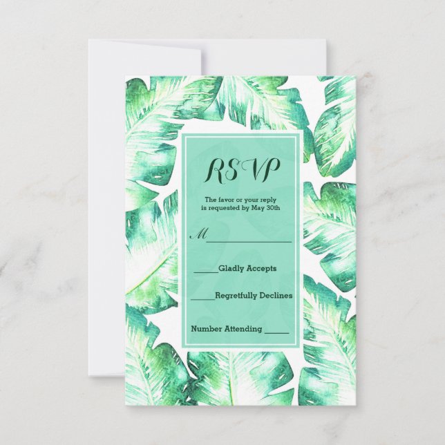 Beachy White & Green Tropical Leaves RSVP Reply Card (Front)