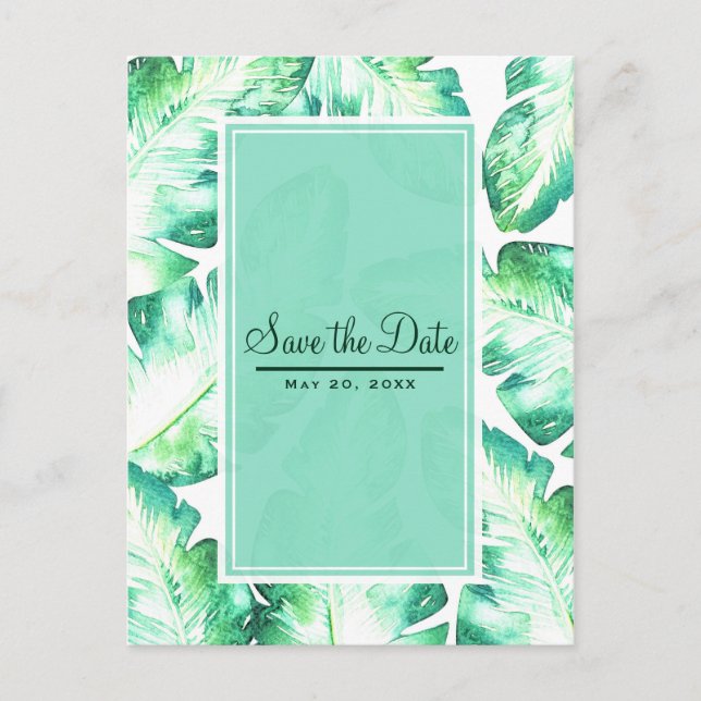 Beachy White & Green Tropical Leaves Save the Date Announcement Postcard (Front)