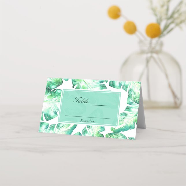 Beachy White & Green Tropical Leaves Table Seating Place Card (Back)
