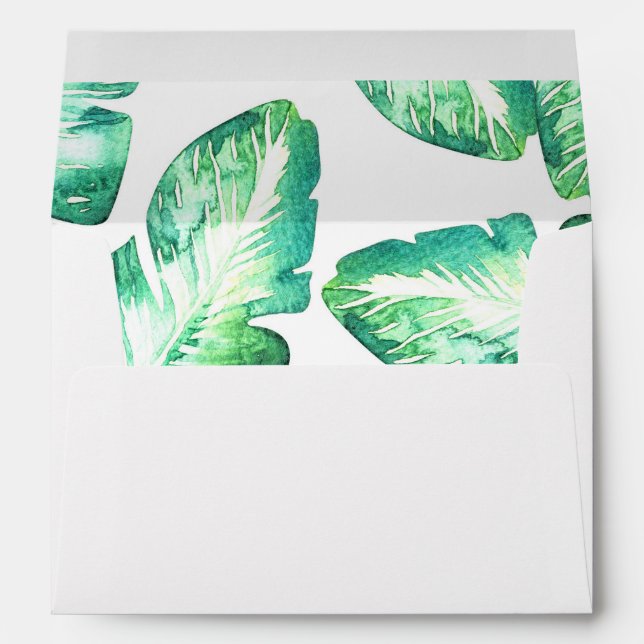 Beachy White & Green Tropical Leaves Wedding Envelopes (Back (Bottom))