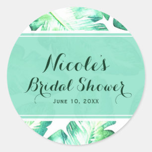 Beachy White & Green Tropical Leaves Wedding Favou Classic Round Sticker