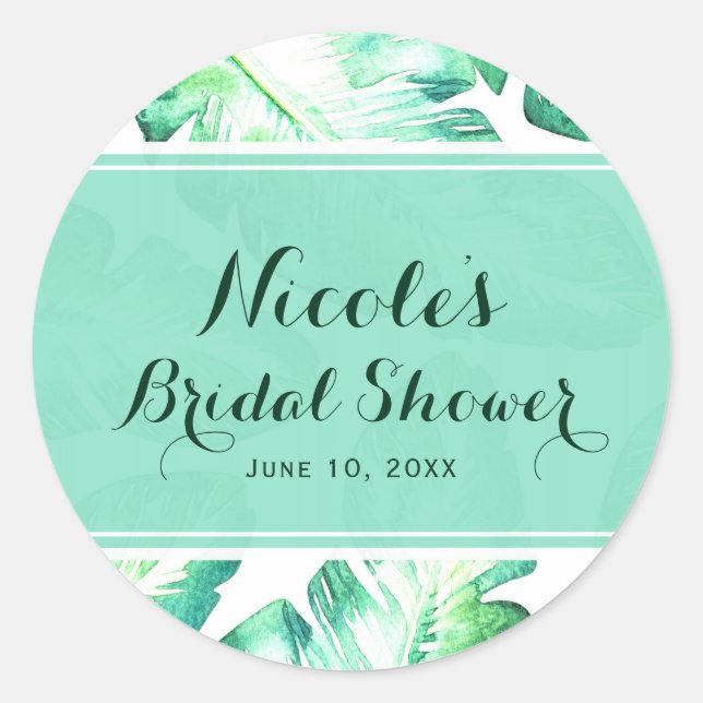 Beachy White & Green Tropical Leaves Wedding Favou Classic Round Sticker (Front)