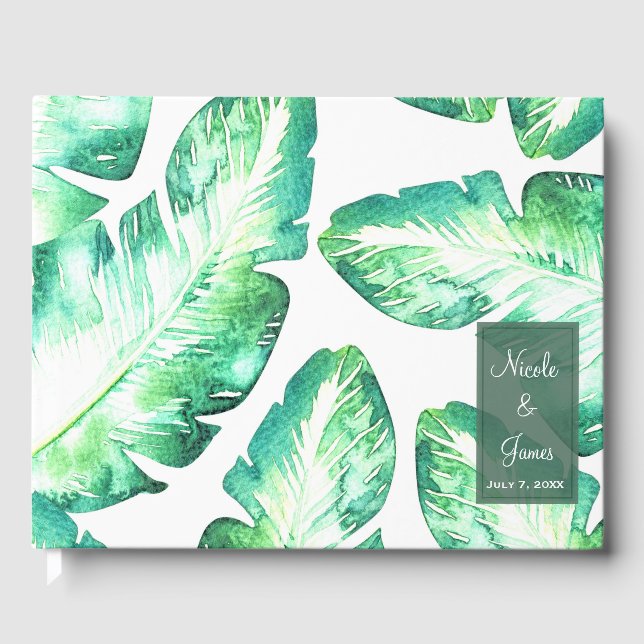 Beachy White Green Tropical Leaves Wedding Guest Book (Front)