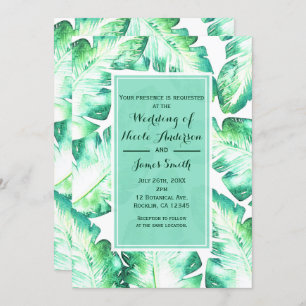 Beachy White & Green Tropical Leaves Wedding Invitation
