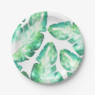 Beachy White & Green Tropical Leaves Wedding Paper Plate