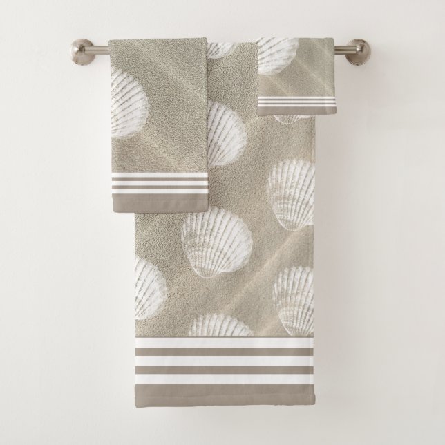 Beachy White Stripes & White Seashells Sand Dunes Bath Towel Set (Insitu)