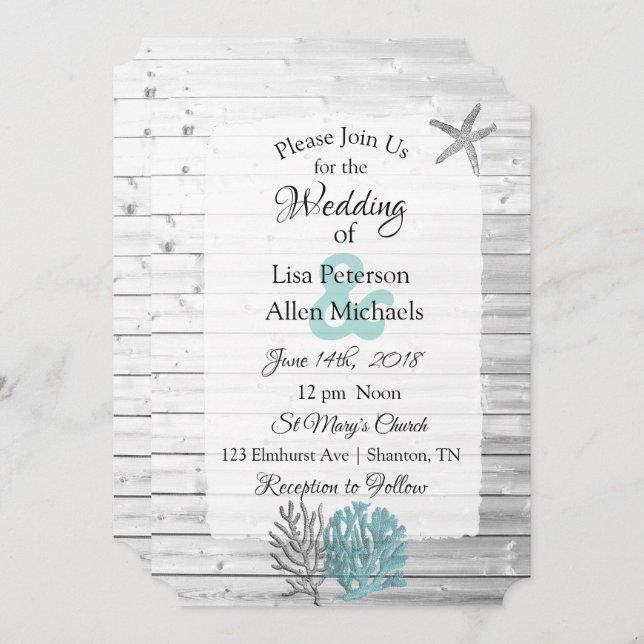 Beachy White Washed Wood  Wedding invitations (Front/Back)