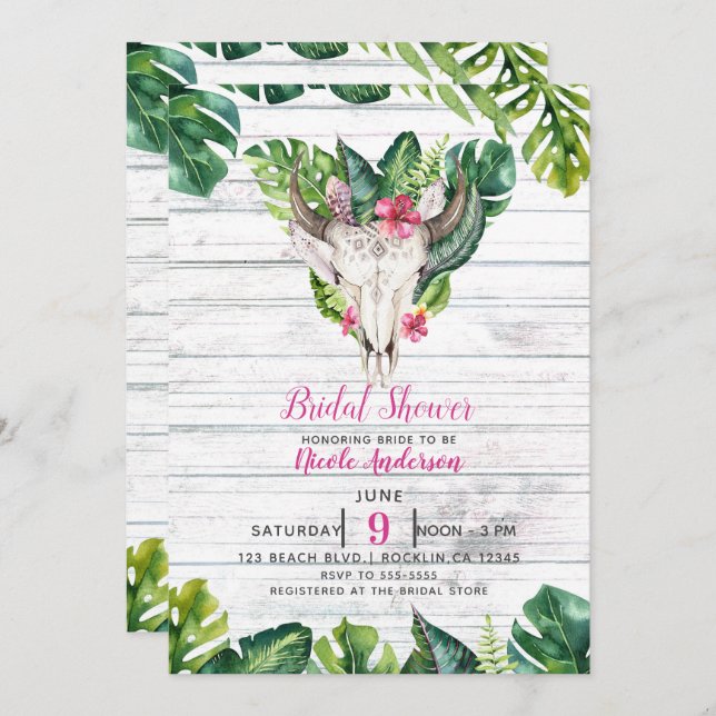 Beachy Wood Boho Skull Tropical Floral Leaves Invitation (Front/Back)