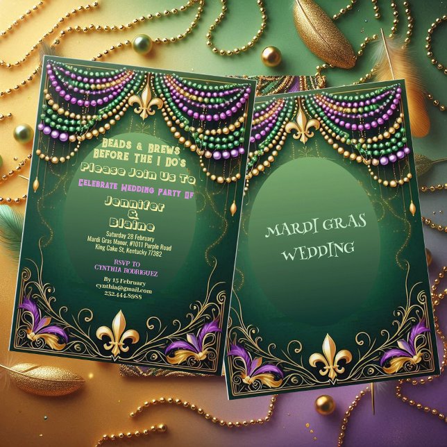 Bead & Brews Fleur De Lis Mardi Gras Wedding Party Invitation (Bead & Brews Fleur De Lis Mardi Gras Wedding Party Invitation)