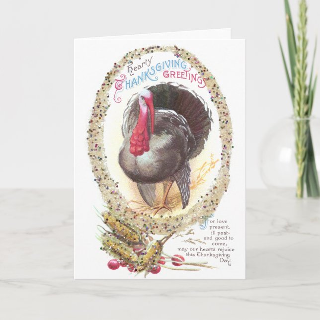 Beaded Turkey Vintage Thanksgiving Holiday Card (Front)