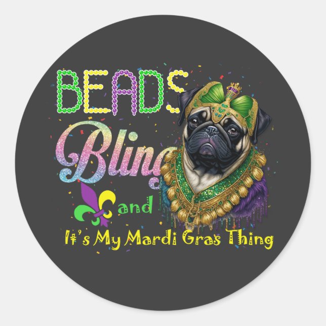 Beads Bling Pug Mardi Gras Carnival Masquerade  Classic Round Sticker (Front)
