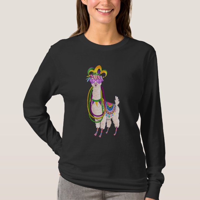 Beads & Mask Mardi Gras Llama For Men Women T-Shirt (Front)
