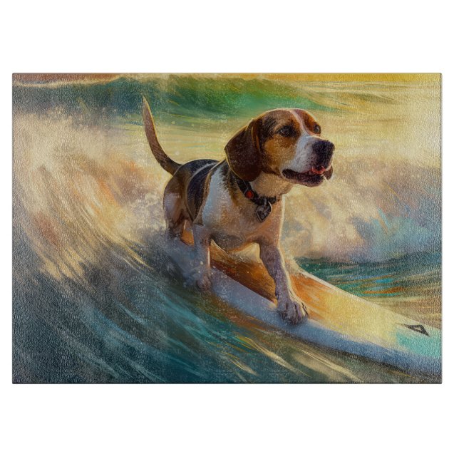 Beagle Beach Surfing Painting Cutting Board (Front)