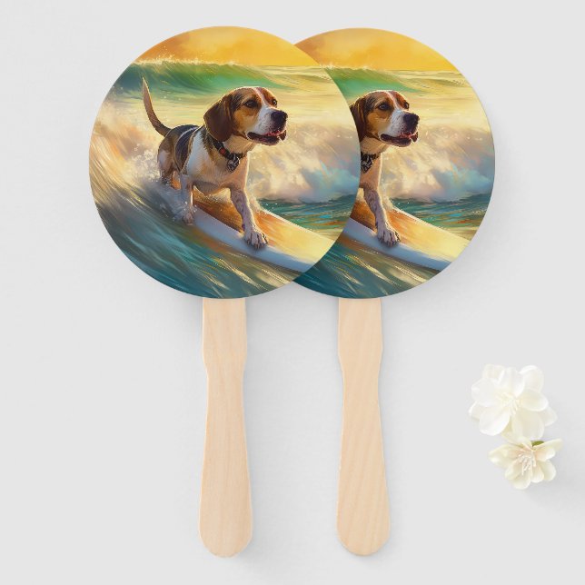 Beagle Beach Surfing Painting Hand Fan (Front and Back)