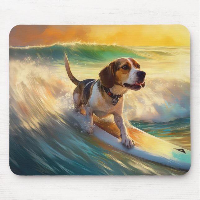 Beagle Beach Surfing Painting Mouse Pad (Front)