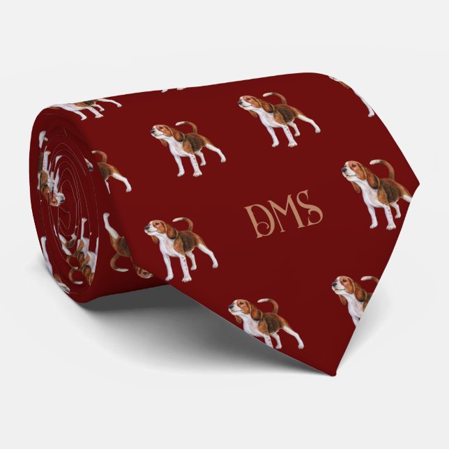 Beagle Bliss: Monogrammed Beagle Pattern Red Tie (Rolled)