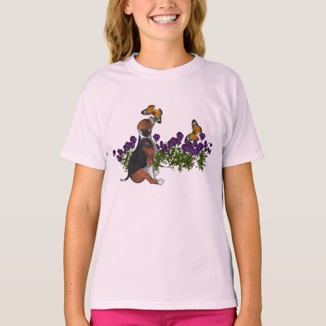 Beagle Butterflies Flowers Cute Dog T-Shirt (Front)