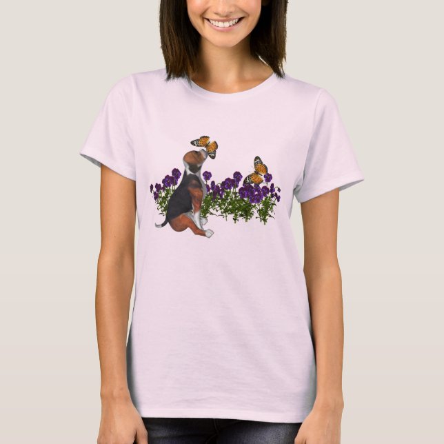 Beagle Butterflies Flowers Cute Dog T-Shirt (Front)