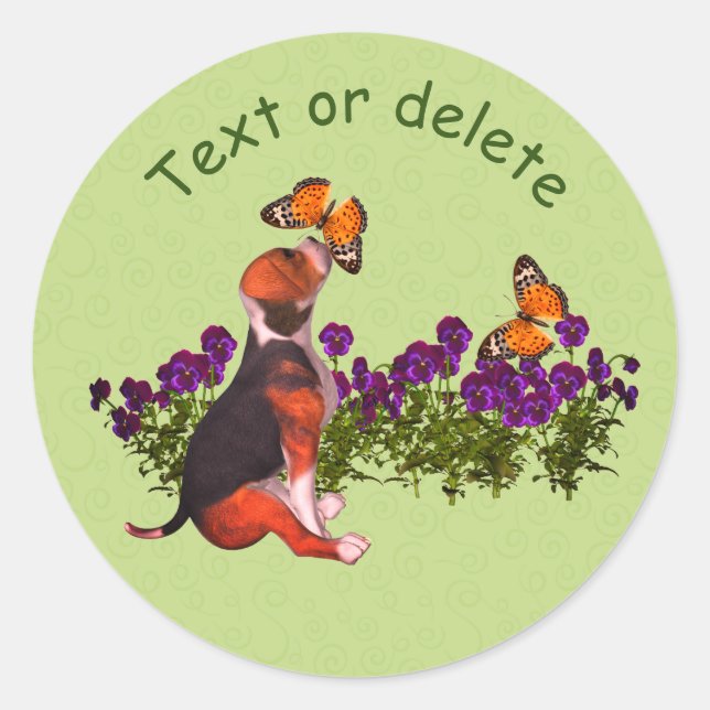Beagle Butterflies Pansies Cute Personalised Classic Round Sticker (Front)