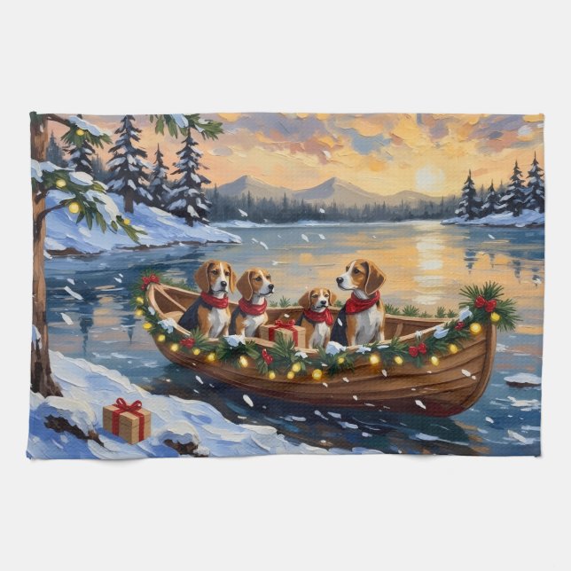 Beagle Christmas Boat Holiday Tea Towel (Horizontal)