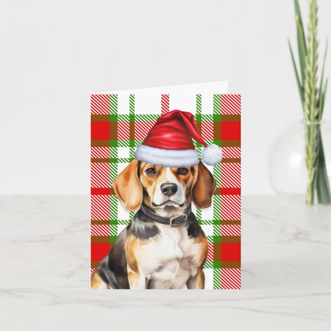 Beagle Christmas Dog Red Green Plaid Christmas Holiday Card (Front)