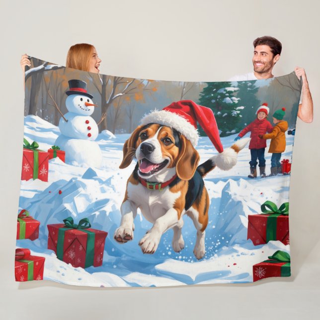 Beagle Christmas Festive Snow Scene Fleece Blanket (In Situ)