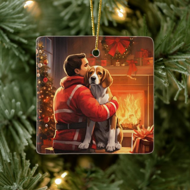 Beagle Christmas, Gift for Dog Firefighter Lover Ceramic Ornament (Tree)