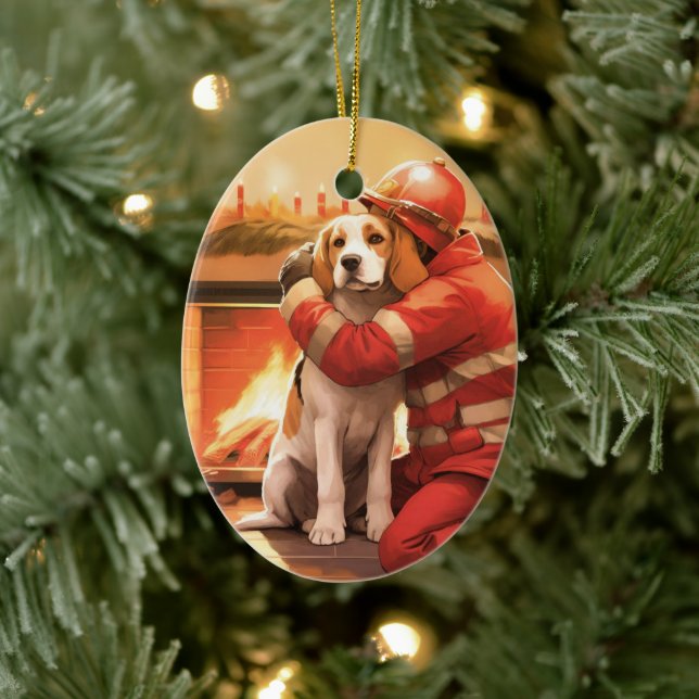 Beagle Christmas, Gift for Dog Firefighter Lover Ceramic Tree Decoration (Tree)