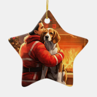 Beagle Christmas, Gift for Dog Firefighter Lover Ceramic Tree Decoration