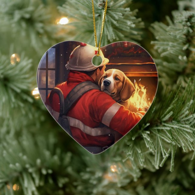 Beagle Christmas, Gift for Dog Firefighter Lover Ceramic Tree Decoration (Tree)
