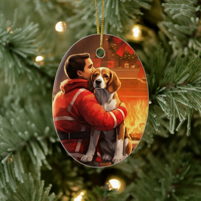 Beagle Christmas, Gift for Dog Firefighter Lover Ceramic Tree Decoration (Tree)