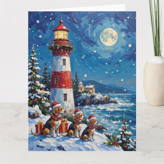 Beagle Christmas Lighthouse Holiday Card (Front)